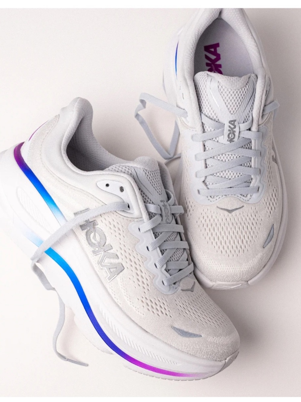 Hoka Bondi 9 Women size 10 White Running Shoes with Blue and Purple Gradient